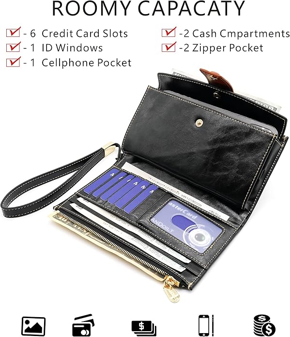 ANDOILT Wallet Women RFID Blocking Genuine Leather Bifold Multi Card Organizer Wristlet Purse Cell Phone Handbag