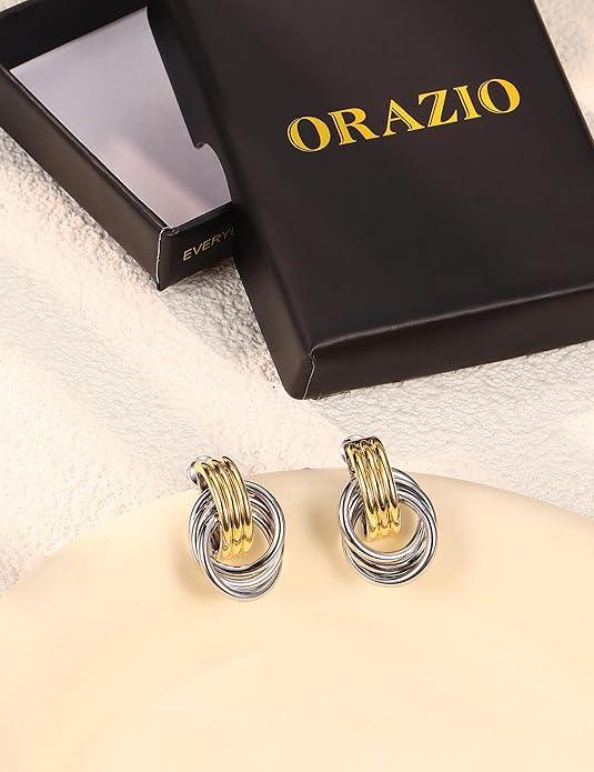 ORAZIO Chunky Gold Plated Knot Earrings for Womens Trendy 925 Silver Statement Lightweight Dangle Drop Hypoallergenic Large Geometric Stud Earring Jewelry for Women
