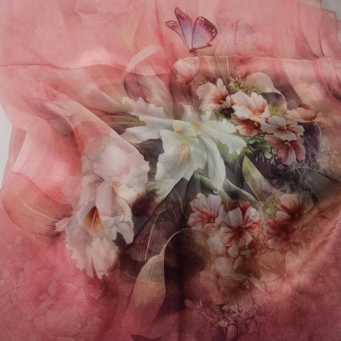 100% Mulberry Silk Women's Neck Silk Scarf-Lightweight Shawl,FLoral Print Beach Silk Wrap-Scarves for Photography