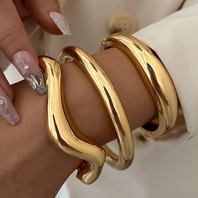 iF YOU Chunky Gold Bangle Bracelets for Women, 14k Gold Plated Multi Layer Stackable Cuff Bracelet Set, Trendy Statement Bracelet Stack Jewelry Gifts