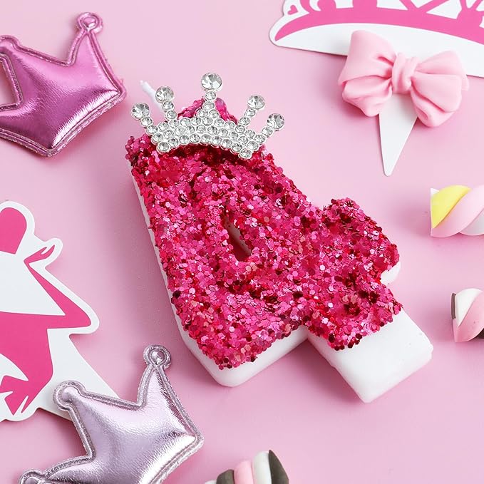 Hot Pink Birthday Candles Crown Number 4 Candle Birthday Party Decorations Cake Topper Cupcake Decor for Anniversary Celebrations Supplies