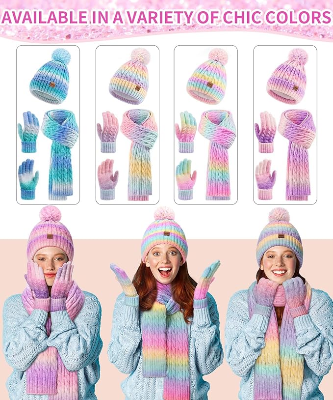 Remifa Winter Hat Scarf Gloves Set for Women Teen Girls, 3 PCS Pom Beanie Skull Cap Knit Scarf Gloves Mittens Valentines Gift