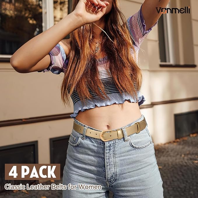 VONMELLI 4 Pack Womens Thin Leather Belt Skinny Waist Belts for Women Fashion Jeans Dress with Gold Buckle