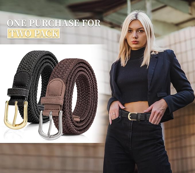 2 Pack Braided Belt for Women, Elastic Woven Stretch Fabric Cloth Belt with Gold Buckle