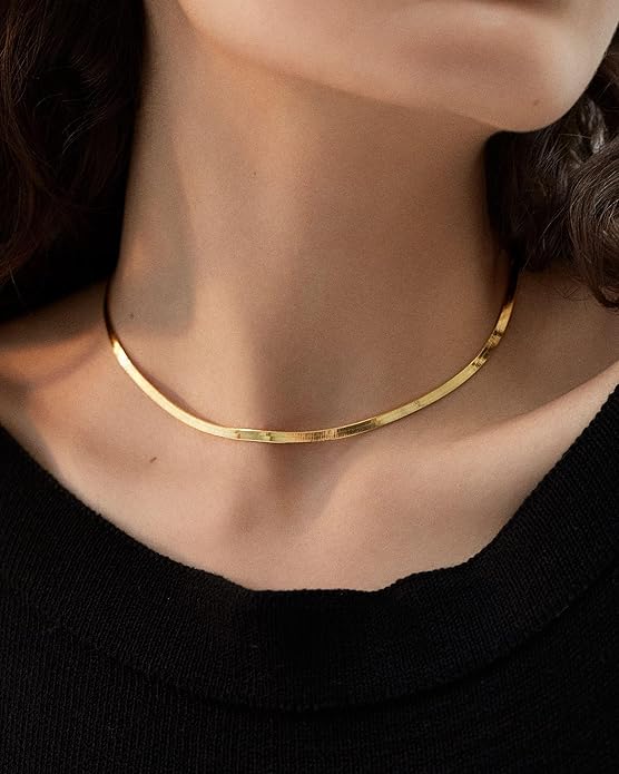 NECOCY 14K Gold Plated Necklaces for Women, Dainty Gold Herringbone Choker Necklace Thin Layered Snake Chain Jewelry for Gifts