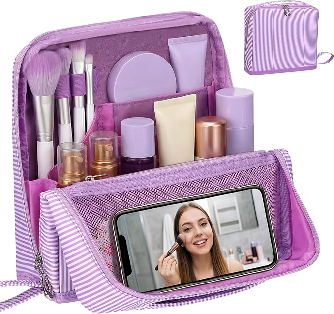Striped Makeup Bag Large Cosmetic Bags for Women Gift with Brush Loops Mesh Pocket Wrist Strap Travel Organizer Storage Pouch Toiletry Case with Divider for Mirror(Lavender)