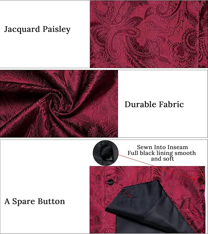 DiBanGu Mens Paisley Suit Vest Silk Jacquard Waistcoat and Necktie Set Formal Shawl Collar Dress Vest 7PCS for Wedding Party