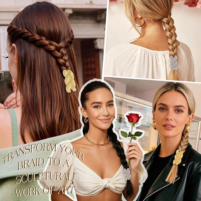 2 PCS Metal Hair Ties for Braids, Elastic Pony Tails Hair Ties for Thick Thin Hair, Elegant Braided Pony Cuff, No Damage Ponytail Cuff Holders, Seamless Hair Accessories, Gold & Silver
