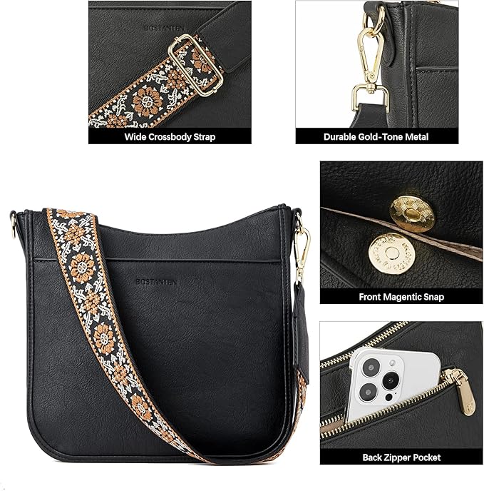BOSTANTEN Crossbody Bags for Women Trendy Vegan Leather Hobo Purses Shoulder Handbags With Wide Shoulder Strap