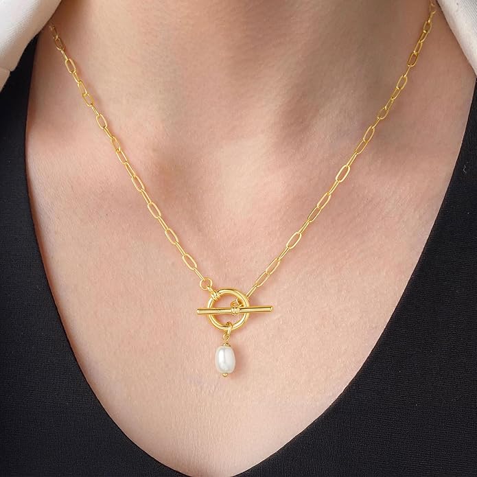 Yoosteel Pearl Necklace for Women - 14K Gold Plated Pearl Pendant Necklaces Minimalist Women Pearls Layered Necklace Dainty Trendy Bridal Bridesmaid Wedding Gifts for Her