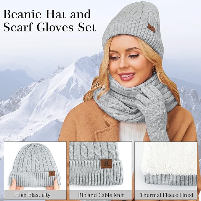 Womens Winter Beanie Hats Long Scarf Touchscreen Gloves Set Warm Knit Skull Caps Gifts for Women