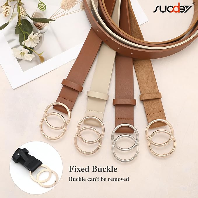 SUOSDEY Women Leather Belt Fashion Double O-Ring Soft Faux Leather Waist Belts For Jeans Dress