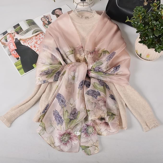 100% Mulberry Silk Women's Neck Silk Scarf-Lightweight Shawl,FLoral Print Beach Silk Wrap-Scarves for Photography