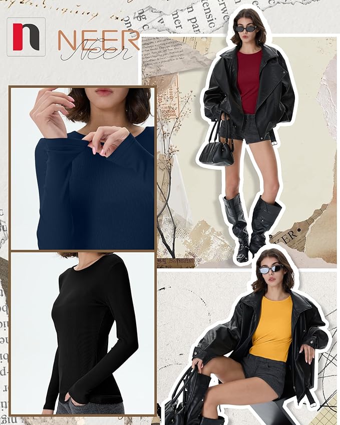Neer 4 Pack Women's Ribbed Long Sleeve Shirts, Cotton Crew Neck Slim Fit Tops Stretch Knit Casual Base Layer Basic Tee Shirts