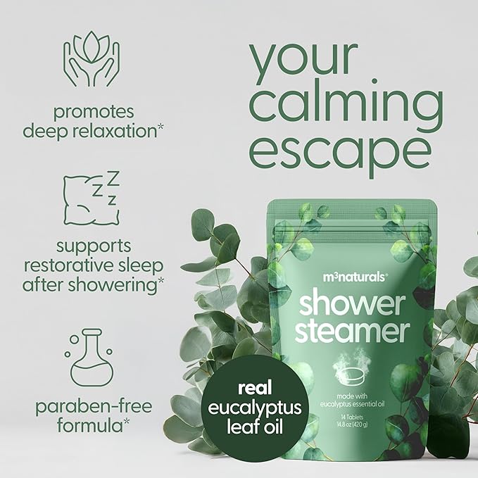 Eucalyptus Aromatherapy Shower Steamers – Supports Sinus Relief, Relaxation, Sleep, and Post-Workout Recovery – 14 Individually Wrapped Essential Oil Tablets by M3 Naturals