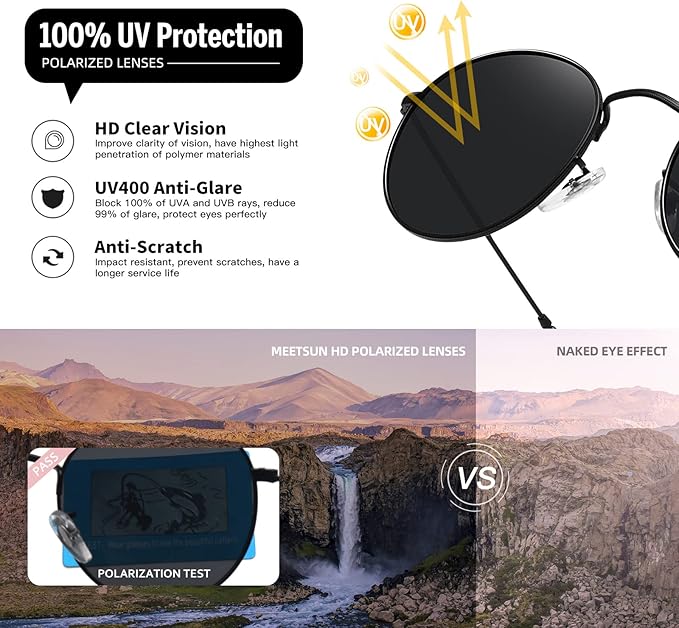 MEETSUN Round Polarized Sunglasses for Women Men Classic Retro Metal Frame Sun Glasses UV Protection