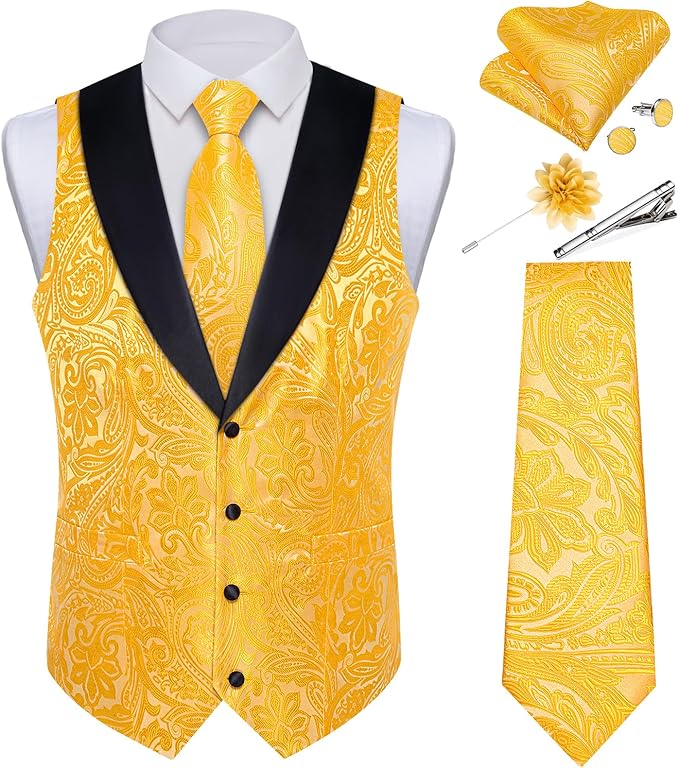 DiBanGu Mens Paisley Suit Vest Silk Jacquard Waistcoat and Necktie Set Formal Shawl Collar Dress Vest 7PCS for Wedding Party
