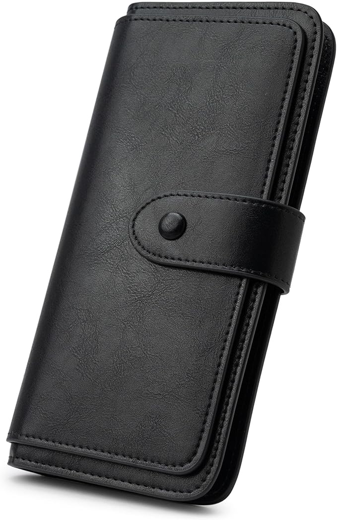 RFID Blocking Leather Wallet for Women, Slim Trifold with 14 Card Slots and Zipper Pocket (Black)