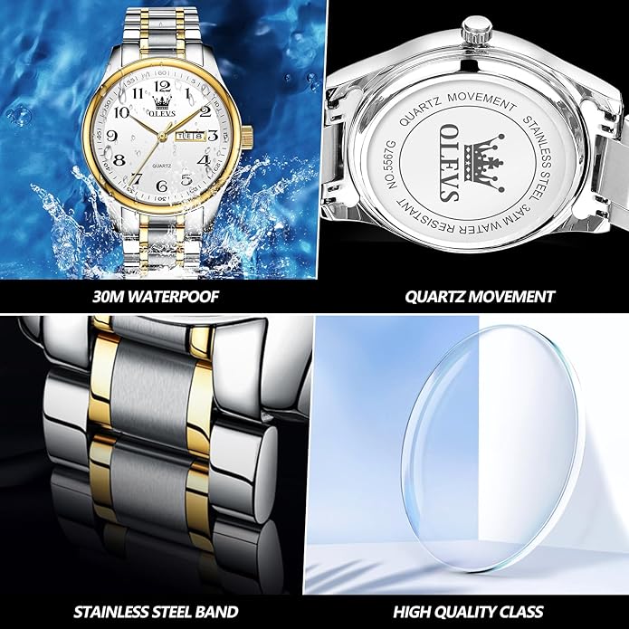 OLEVS Mens Watch Stainless Steel Analog Quartz Watches for Men Day Date Easy Read Diamond Waterproof Dress Luxury Classic Casual Big Face Blue/Black/Gold/Silver Roman Arabic Numerals Men's Wrist Watch