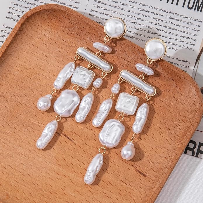 Statement Pearl Dangle Earrings,Gold and Large Pearl,Luxury Chandelier Organic Style Earrings