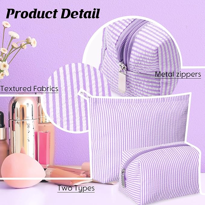 2 Pieces Makeup Bag Set Cute Cosmetic Pouch for Women Seersucker Travel Toiletry Bag Preppy Small Makeup Purse Pouch Aesthetic Skincare Brushes Storage Organizer for Christmas Women(Purple)