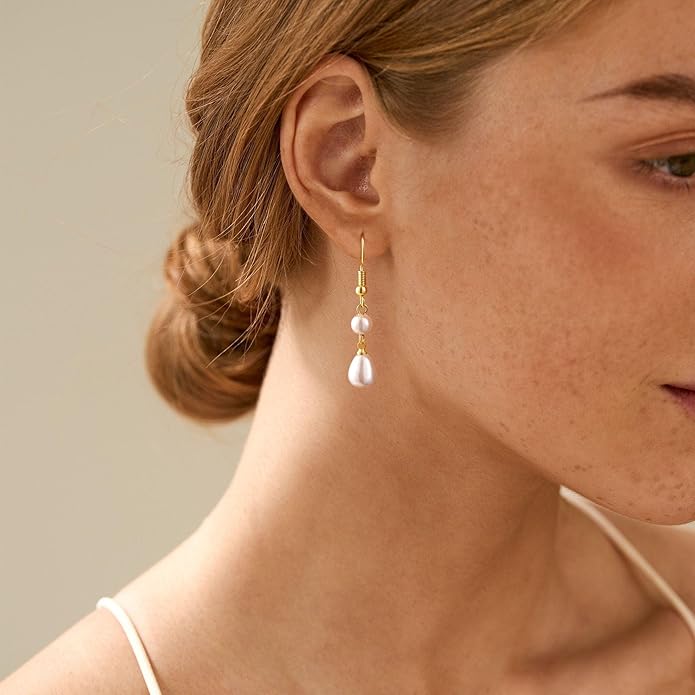 CHESKY Christmas Gifts Pearl Earrings for Women, Dainty 14K Gold Plated/Silver Plated Drop Quality Handpicked AAA+ Freshwater Cultured Round Pearls Dangle Earrings Wedding Jewelry for Women Gifts