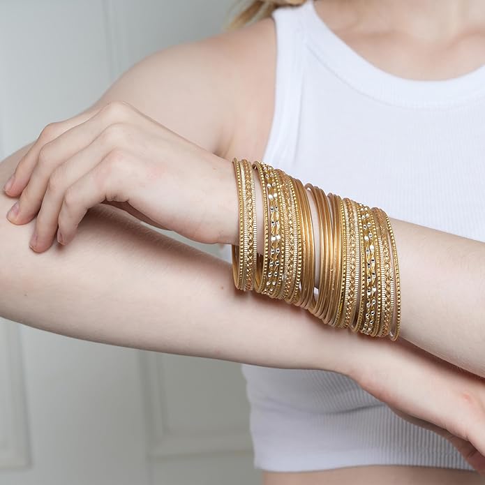 Touchstone Indian Metal Bangles for Women Gold Alloy Bracelets desi 2 Dozen Bangle Collection Bollywood Women's Jewelry Set Multi Stacking Wide Chunky Textured Golden Set of 24 in Gold or White Tone