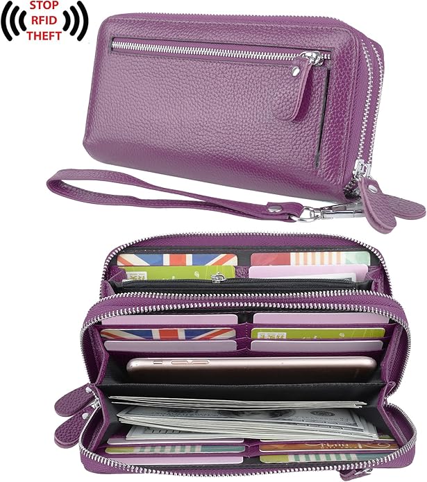 YALUXE Real Leather Zip Around Wallet RFID Blocking Wristlet Handbag Purse Clutch with Double Zipper Pockets