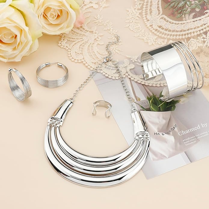 JOERICA Bib Choker Necklace Silver Gold Jewelry Set Wide Cuff Bangle Bracelet Open Hoop Earrings Adjustable Ring Chunky Silver Gold Statement Costume Jewelry Set for Women