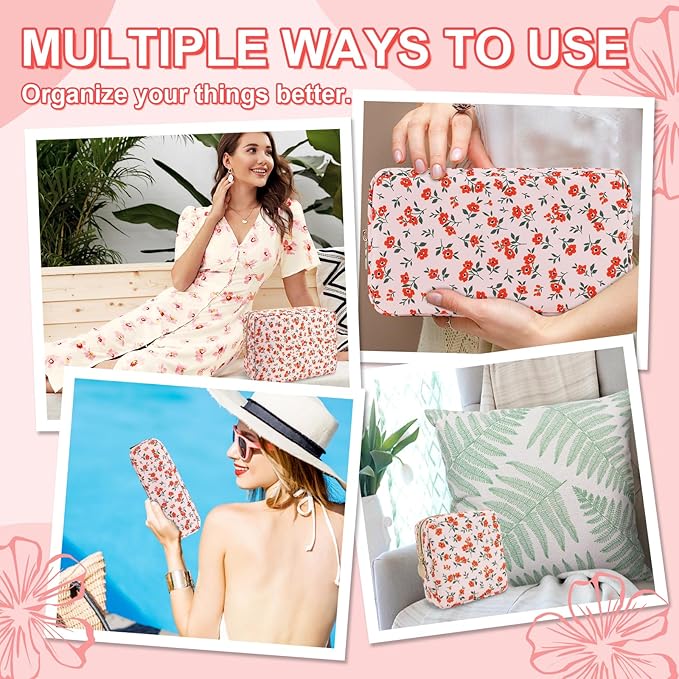 Waterproof Small Floral Makeup Bag Pouch for Purse,Nylon Flower Cosmetic Bag Preppy Travel Toiletry Storage Bag for Women Girl,Cute Makeup Organizer Bag Skincare Bag with Zipper(Small Pink-Flowers)