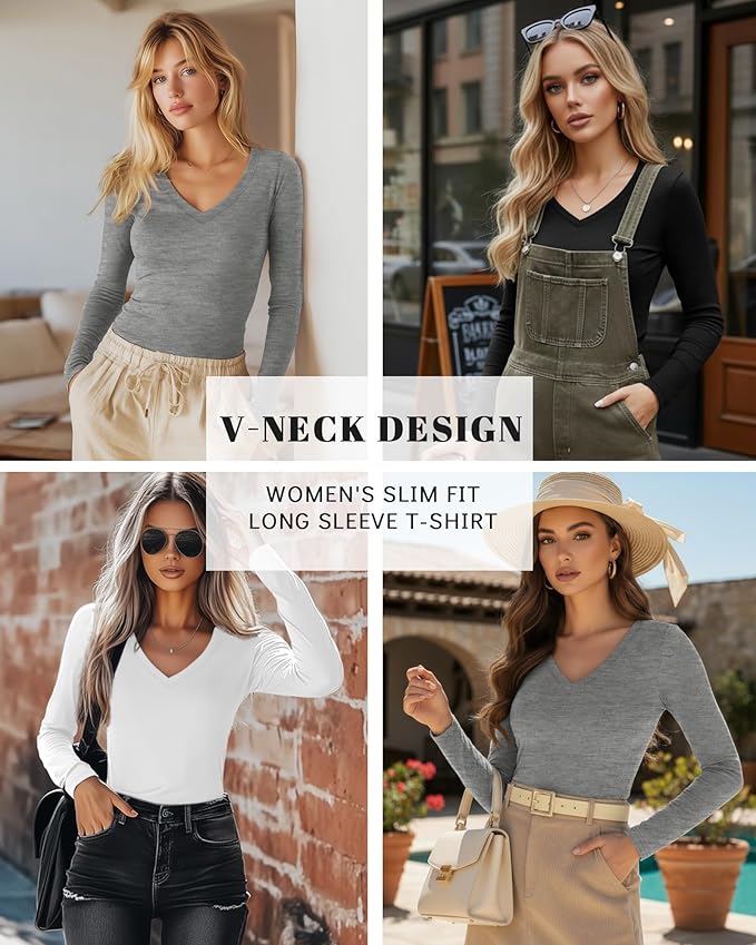 Ficerd 3 Pack Women's Long Sleeve Shirts, V Neck Basic Tees Slim Fitted Casual Fall Tops Going Out Blouses T Shirts