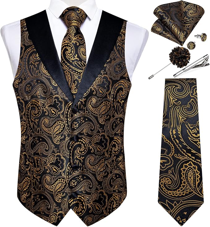 DiBanGu Mens Paisley Suit Vest Silk Jacquard Waistcoat and Necktie Set Formal Shawl Collar Dress Vest 7PCS for Wedding Party