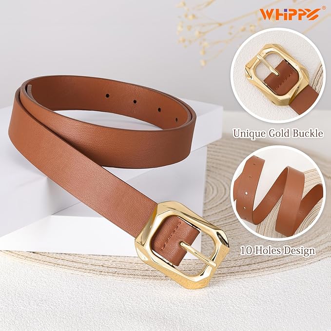 WHIPPY Women's Leather Belts with Gold Buckle Casual Fashion Ladies Waist Belts for Jeans Pants Dresses