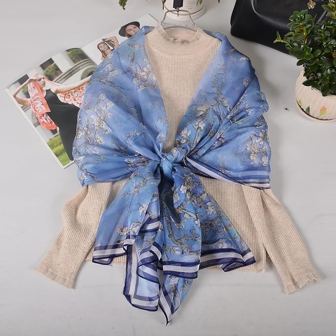 100% Mulberry Silk Women's Neck Silk Scarf-Lightweight Shawl,FLoral Print Beach Silk Wrap-Scarves for Photography