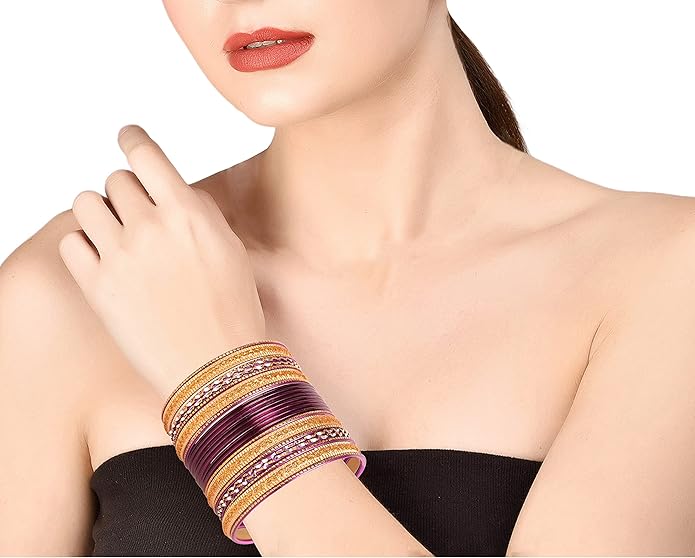 Touchstone Indian Metal Bangles for Women Gold Alloy Bracelets desi 2 Dozen Bangle Collection Bollywood Women's Jewelry Set Multi Stacking Wide Chunky Textured Golden Set of 24 in Gold or White Tone