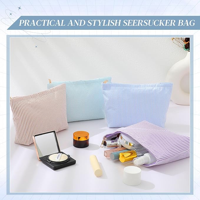 Sanwuta 4 Pcs Seersucker Cosmetic Bag Seersucker Makeup Bag Women Stripe Large Travel Toiletry Organizer Preppy Storage Pouch for Wedding Bridesmaid Bride Mom(Blue, Khaki, Purple, Lake Blue)