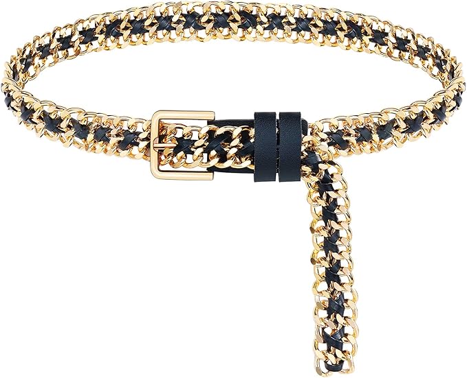 Glamorstar Gold Metal Punk Belts Leather Chain Waist Belt for Women Dresses