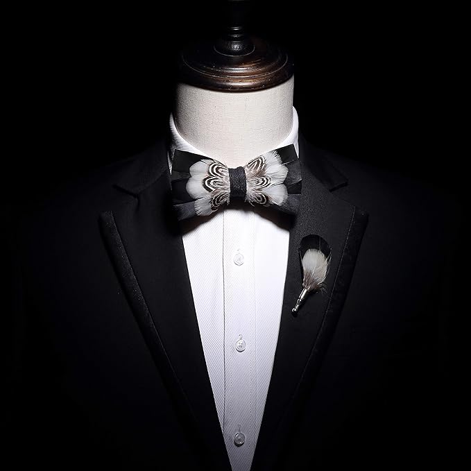 RBOCOTT Handmade Feather Pre-tied Bow tie and Brooch Sets for Men