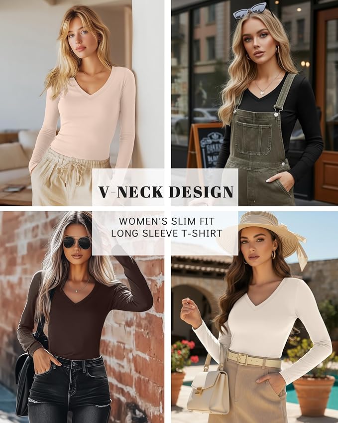 Ficerd 3 Pack Women's Long Sleeve Shirts, V Neck Basic Tees Slim Fitted Casual Fall Tops Going Out Blouses T Shirts