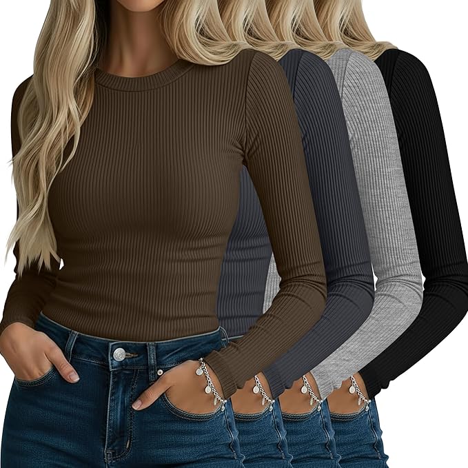 Neer 4 Pack Women's Ribbed Long Sleeve Shirts, Cotton Crew Neck Slim Fit Tops Stretch Knit Casual Base Layer Basic Tee Shirts
