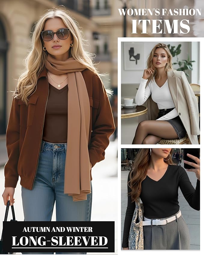 Ficerd 3 Pack Women's Long Sleeve Shirts, V Neck Basic Tees Slim Fitted Casual Fall Tops Going Out Blouses T Shirts