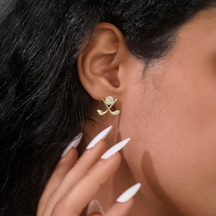 Golf Stud Earrings for Women Silver Gold Gifts Cubic Zirconia Flat Back Hypoallergenic Club Cute Dainty Player Fan Tournament Fashion Unique Accessory Small Birthday Novelty Sports Jewelry