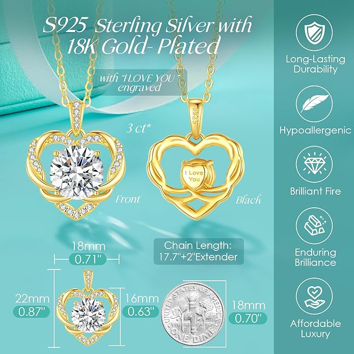 OOBEE Moissanite Heart Necklace for Women 925 Sterling Silver Fine Jewelry, Ideal Birthday Anniversary Christmas Gift for Women Wife Mom Girlfriend