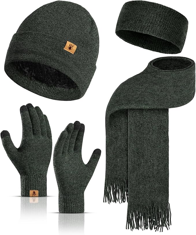 Winter Warm Beanie Hat Touchscreen Gloves Long Scarf Set for Women with Headband, Knit Cap Scarves with Tassel for Women