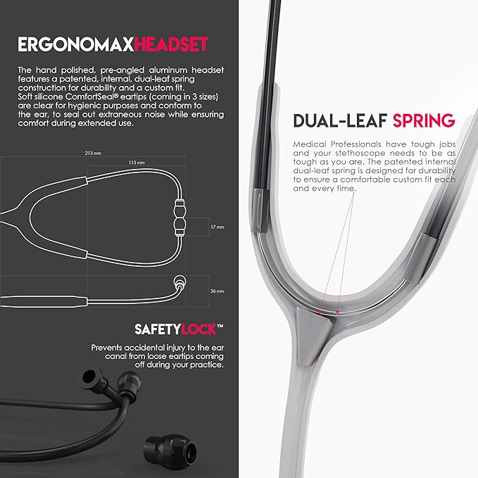 MDF Instruments, Acoustica Lightweight Stethoscope for Doctors, Nurses, Students, Home Health Use, Adult, Dual Head, White Tube, Black Chestpiece-Headset, MDF747XPBO29