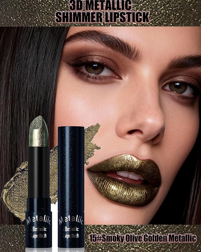 Glitter Metallic Green Lipstick Shimmer Lip Stick Long Lasting,Diamond Cream Shimmer Nude Tinted Lip Gloss High Pigmented,Metallic Matte Red Lipcolor Stain Women Christmas Non Stick Lips Makeup-15