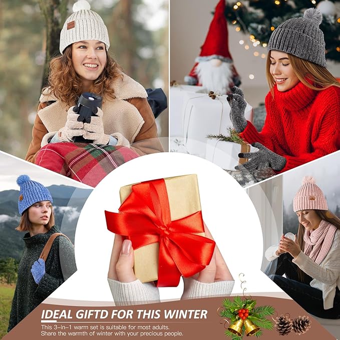 Womens Winter Beanie Hat Scarf Touchscreen Gloves Set Knit Warm Skull Caps Long Neck Scarves for Women Men
