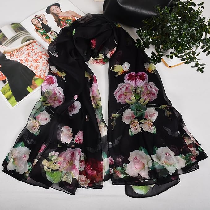 100% Mulberry Silk Women's Neck Silk Scarf-Lightweight Shawl,FLoral Print Beach Silk Wrap-Scarves for Photography