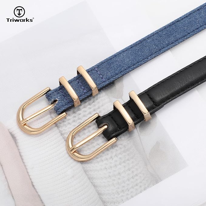 2 Pack Women Skinny Leather Belts for Jeans Pants Thin Faux Leather Belt with Gold Buckle