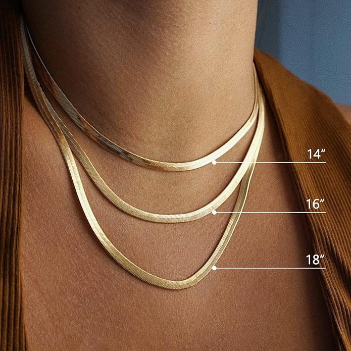 NECOCY 14K Gold Plated Necklaces for Women, Dainty Gold Herringbone Choker Necklace Thin Layered Snake Chain Jewelry for Gifts